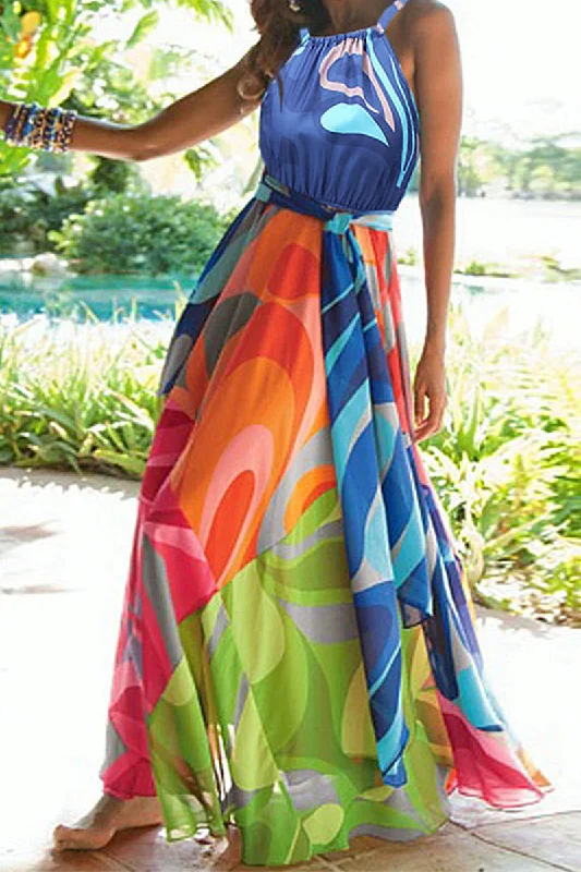 Casual Print Split Joint Halter Waist Skirt Dresses Tunics Cozy comfortable