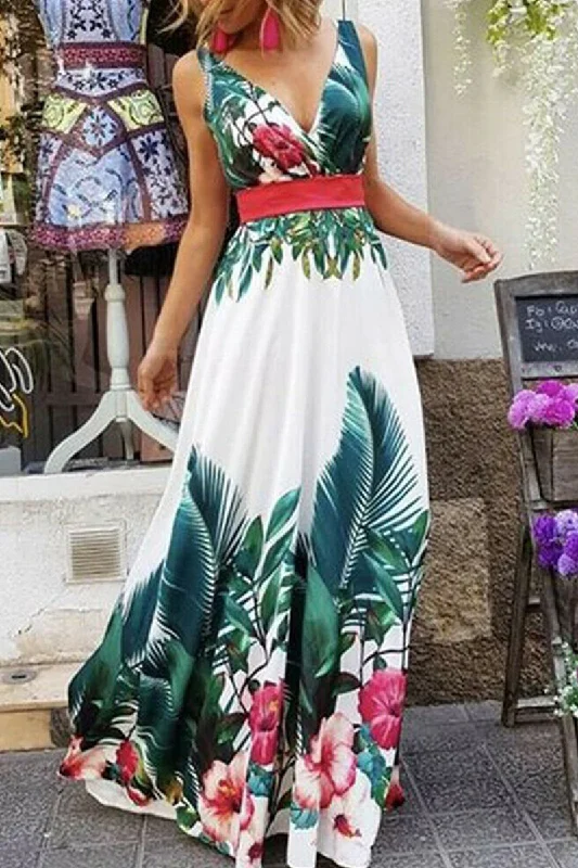 Casual Print Split Joint V Neck Waist Skirt Dresses Tunics Luxurious premium