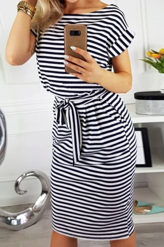 Casual Striped Split Joint O Neck Waist Skirt Dresses(5 colors) Casual Short Summer