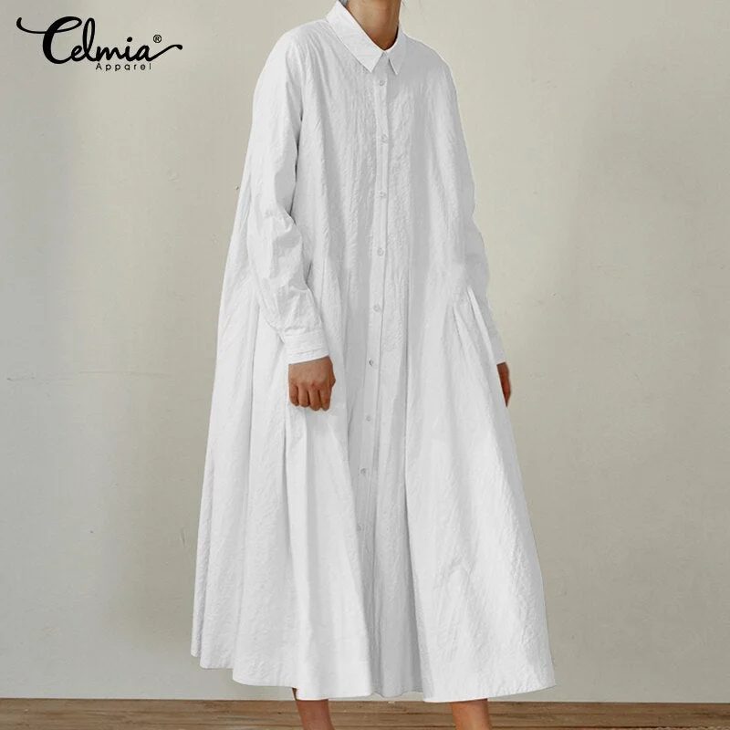 Celmia 2023 Autumn Maxi Long Dresses  Women Shirt Dress Vintage Pleated Long Sleeve Vestidos Casual Party Robe Femme