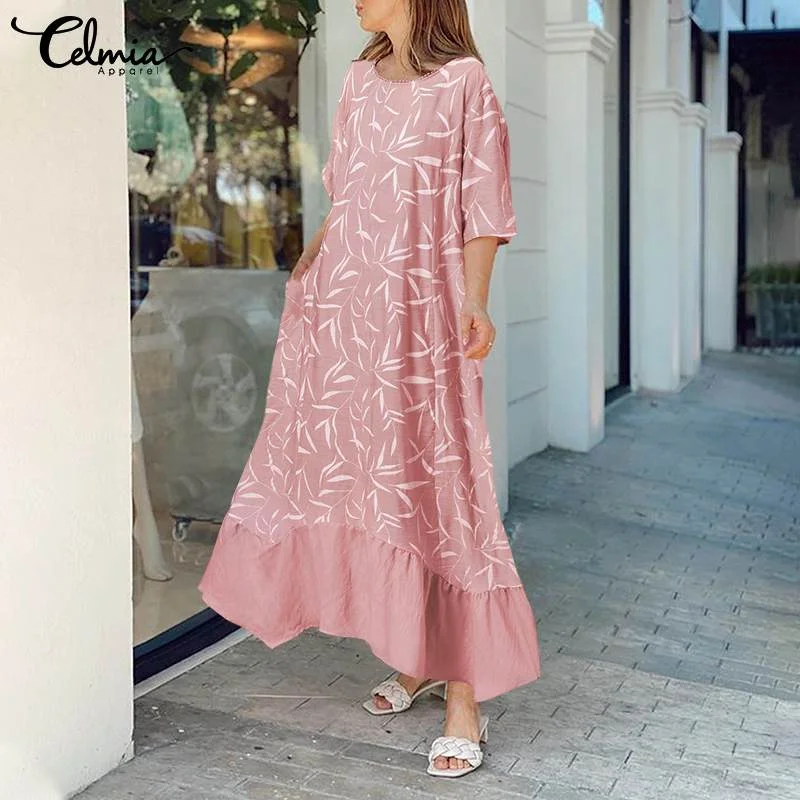 Celmia Summer Women Long Dress Bohemian Floral Print Maxi Sundress Casual Loose Vintage Half Sleeve Vestidos Robe Tunics Seasonal trendy Celmia Summer Women Long Dress Bohemian Floral Print Maxi Sundress Casual Loose Vintage Half Sleeve Vestidos Robe Tunics Seasonal trendy