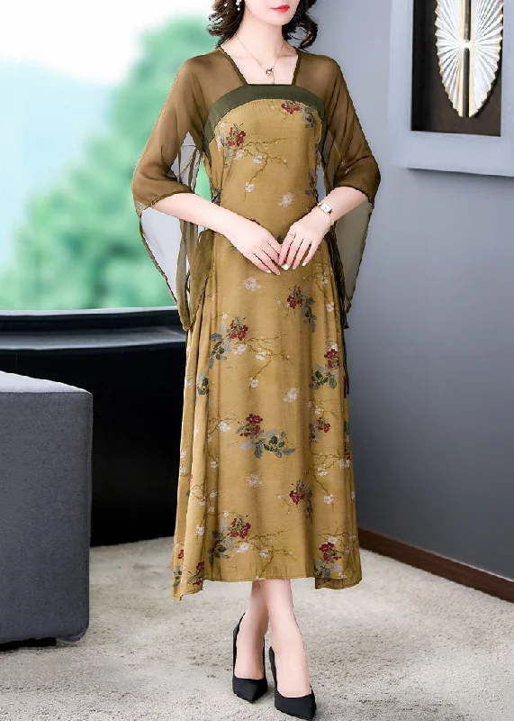Chinese Style Yellow Print Lace Up Patchwork Silk Long Dress Summer Tunics Satin smooth Chinese Style Yellow Print Lace Up Patchwork Silk Long Dress Summer Tunics Satin smooth