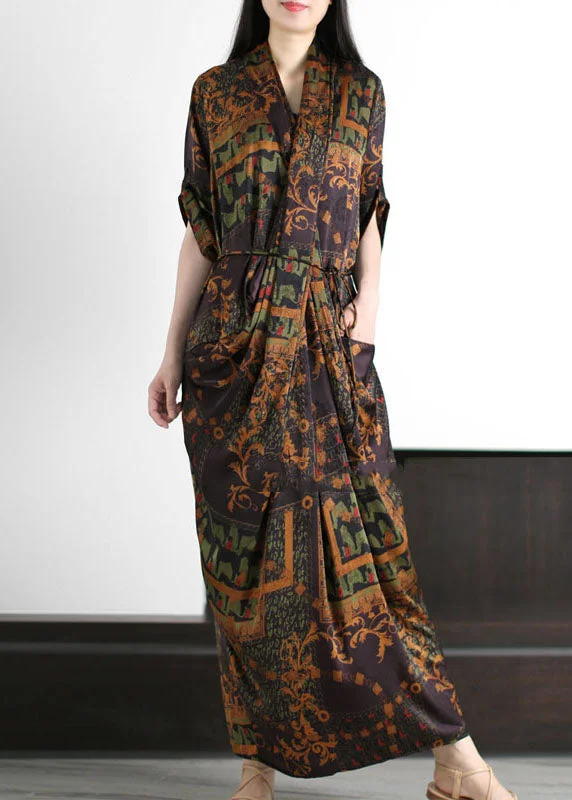 Coffee Pockets Print Patchwork Silk Gown Wrinkled Tie Waist Summer Tunics Essential wardrobe Coffee Pockets Print Patchwork Silk Gown Wrinkled Tie Waist Summer Tunics Essential wardrobe