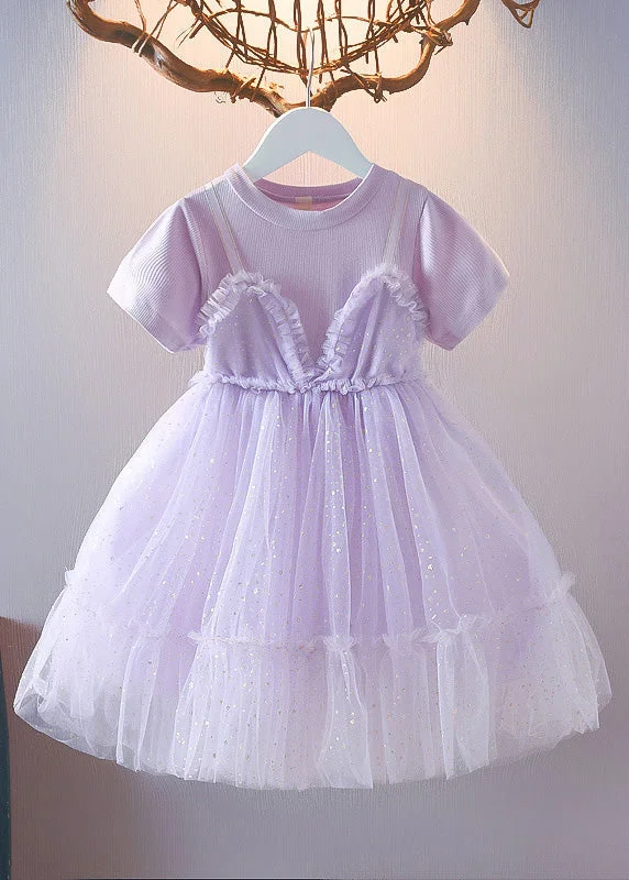 Cute Purple Patchwork Wrinkled Tulle Kids Long Dress Short Sleeve Tunics Sophisticated sleek Cute Purple Patchwork Wrinkled Tulle Kids Long Dress Short Sleeve Tunics Sophisticated sleek