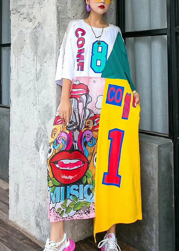 DIY White O-Neck Asymmetrical Print Lace Patchwork Long Dress Summer Tunics Fashionable chic DIY White O-Neck Asymmetrical Print Lace Patchwork Long Dress Summer Tunics Fashionable chic