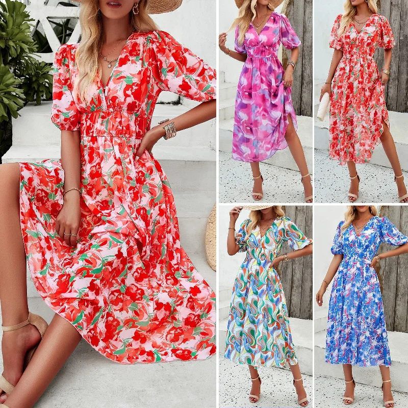 Women's Dress Spring and Summer Elegant Printed Waist V-neck Long Dress Tunics Denim casual Women's Dress Spring and Summer Elegant Printed Waist V-neck Long Dress Tunics Denim casual