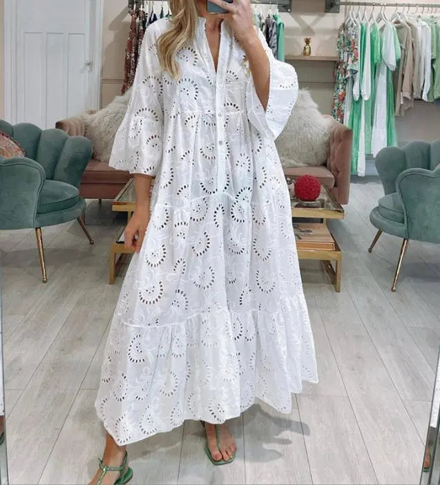 Dresses for Dresses Spring Summer Shirt Dress 2023 White dresses V-Neck Flared Sleeves Lace Hollow Solid Color Sexy Long Dresses Square Neckline Feminine Dresses for Dresses Spring Summer Shirt Dress 2023 White dresses V-Neck Flared Sleeves Lace Hollow Solid Color Sexy Long Dresses Square Neckline Feminine