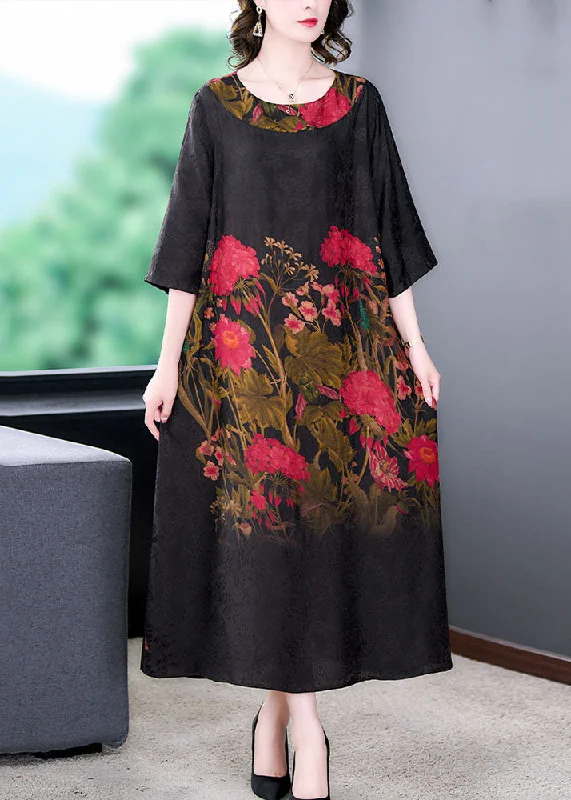 Elegant Black O Neck Print Patchwork Silk Long Dress Summer Tunics Long Elegant