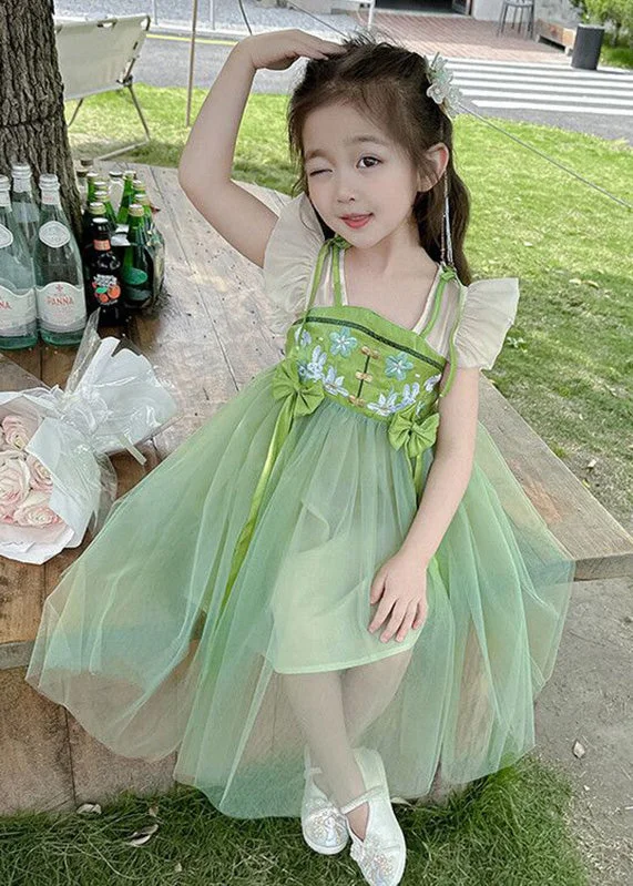 Elegant Green Embroideried Patchwork Bow Tulle Kids Long Dress Short Sleeve Tunics Handmade artisanal