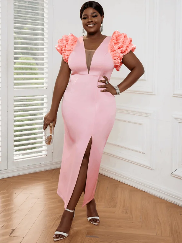 AOMEI Mesh V Neck Pink Puff Sleeve Long Dress Tunics Bestseller popular