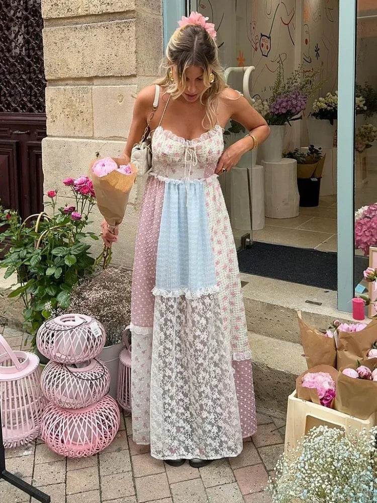Elegant Print Perspective Lace Patchwork Long Dress Women Halter Backless Sleeveless Dresses Summer Lady Sweet High Street Robe Tunics Summer linen Elegant Print Perspective Lace Patchwork Long Dress Women Halter Backless Sleeveless Dresses Summer Lady Sweet High Street Robe Tunics Summer linen