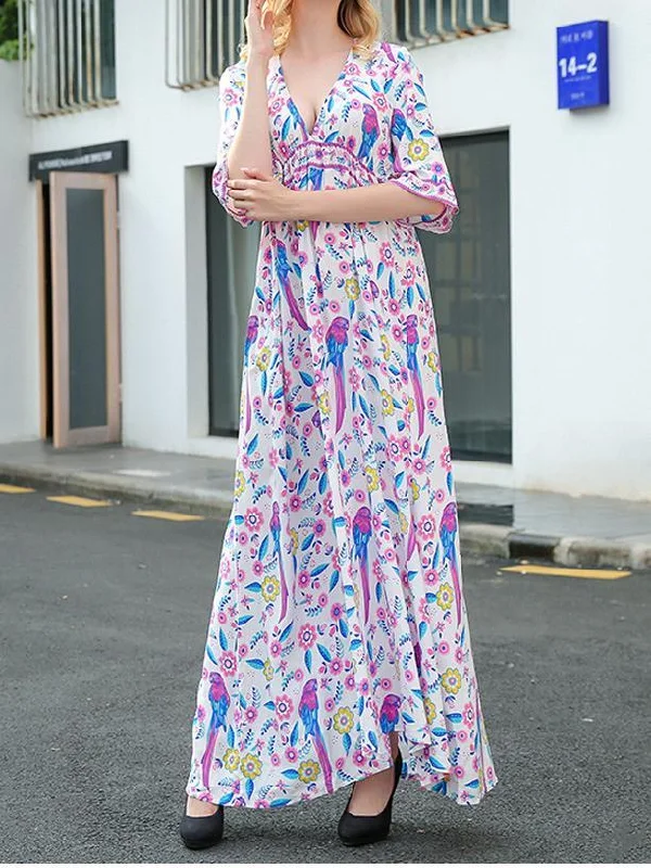 Elegant Printed V Neck Batwing Sleeve High Waist Maxi Long Dress Tunics Stylish elegant Elegant Printed V Neck Batwing Sleeve High Waist Maxi Long Dress Tunics Stylish elegant