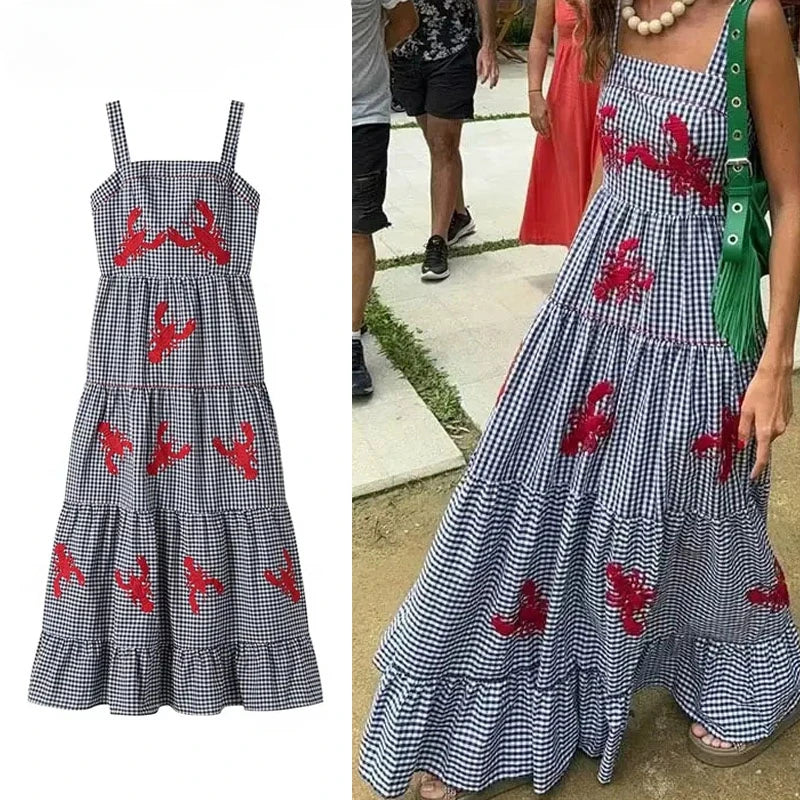 Embroidery Plaid Long Dresses Women Sleeveless Slip Midi Dress Woman Pleated Backless Beach Dress Vintage Summer Dress Tunics stripes playful