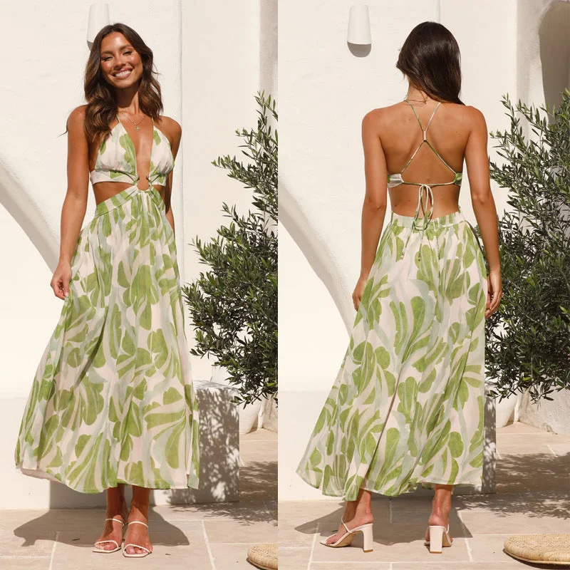 Summer New Women's V-neck Backless Lace Up Printed Large Hem Long Dress sweetheart Neckline Romantic Summer New Women's V-neck Backless Lace Up Printed Large Hem Long Dress sweetheart Neckline Romantic