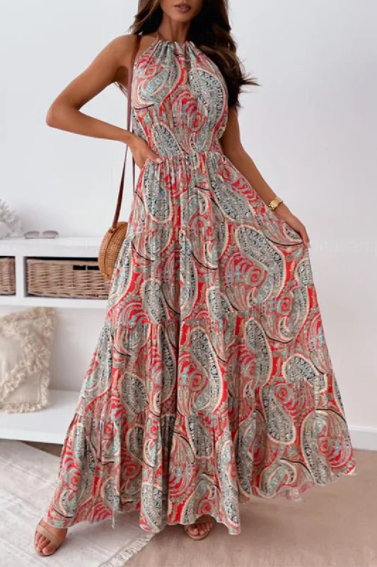Fashion Print Split Joint Halter Waist Skirt Dresses Tunics Silk luxurious