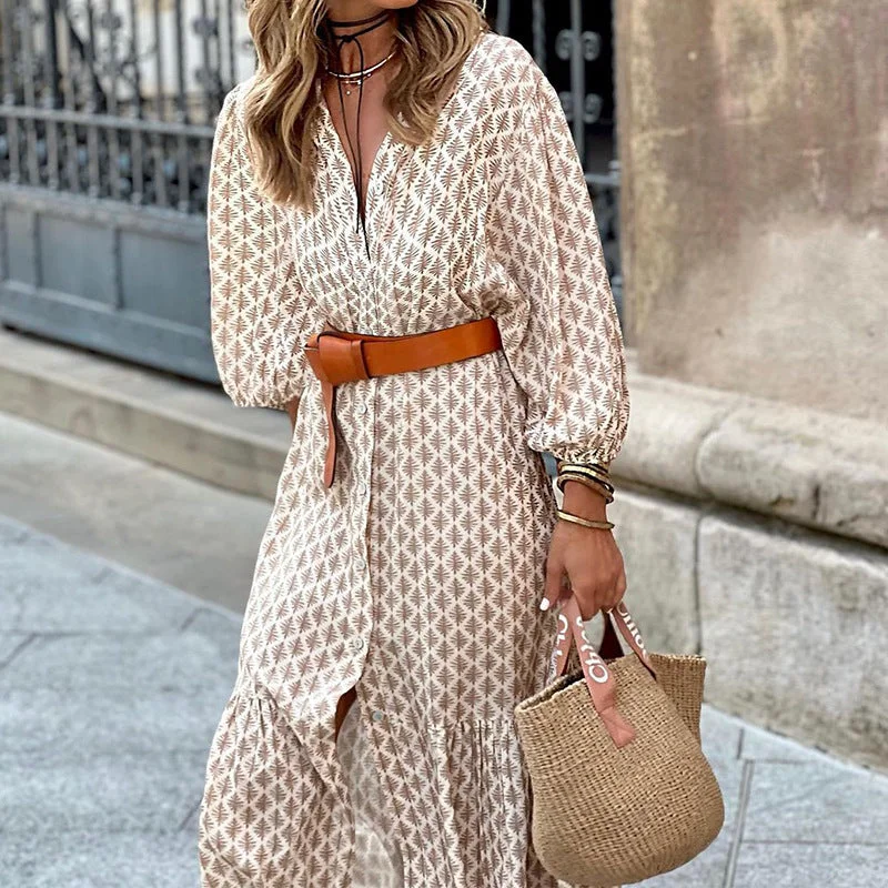 Fall/Winter New Fashion Belt Print V-neck Simple Temperament Long Dress Tunics Ceremony elegant Fall/Winter New Fashion Belt Print V-neck Simple Temperament Long Dress Tunics Ceremony elegant