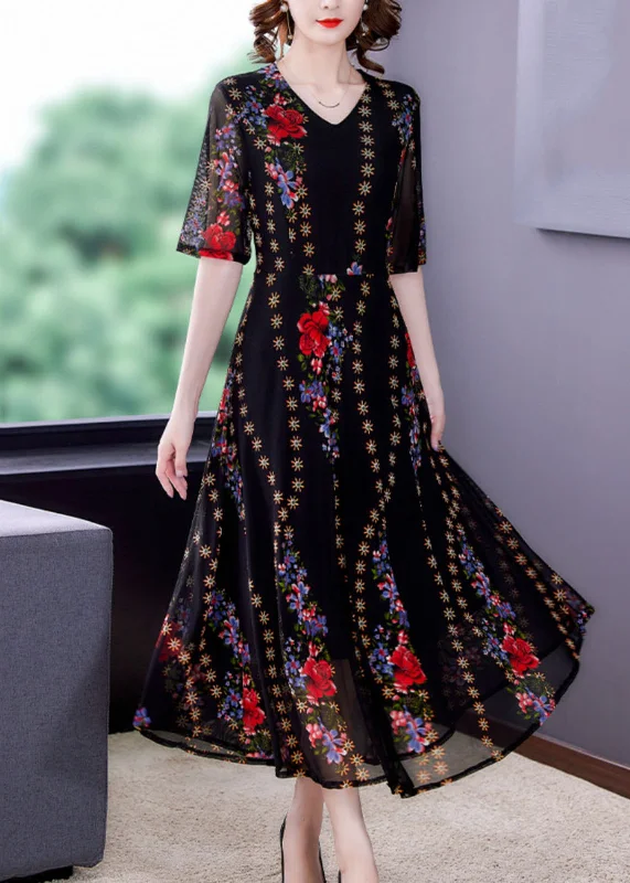 Fine Black V Neck Print Patchwork Tulle Long Dresses Summer Tunics Leisure comfortable Fine Black V Neck Print Patchwork Tulle Long Dresses Summer Tunics Leisure comfortable