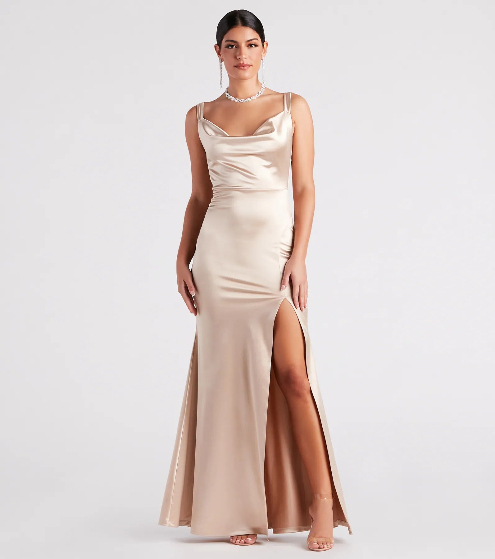 Kaylani Formal Satin Cowl Neck Long Dress Tunics Vintage classic