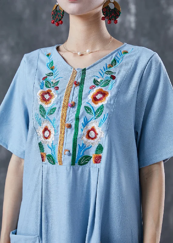 Light Blue Patchwork Linen Long Dress Embroideried Summer Tunics Party sparkling