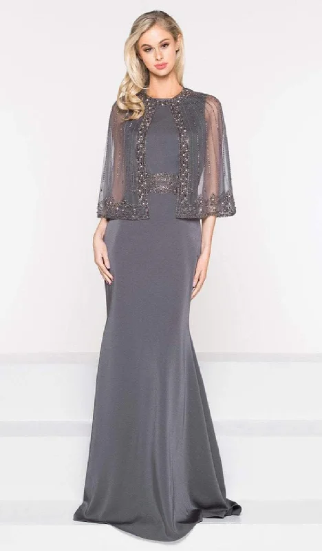 Marsoni by Colors - M232 Jeweled Cape Long Faille Gown Crew Neckline Sporty