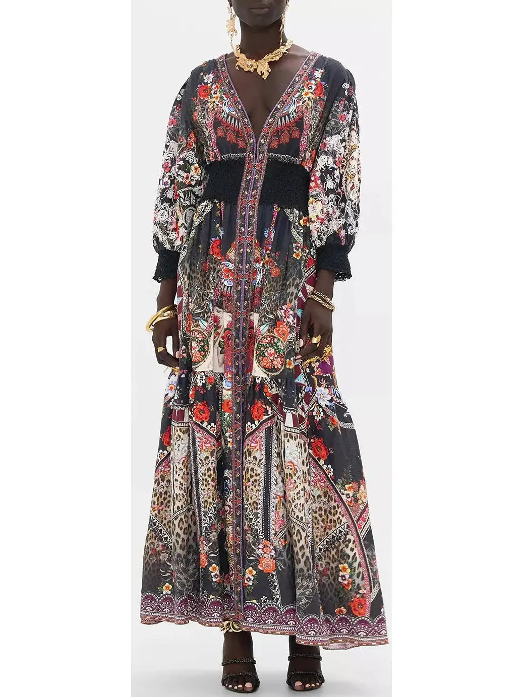 Multicolored Printed Low-Cut Shirred-Waist Long Dress Maxi Flowy Bohemian