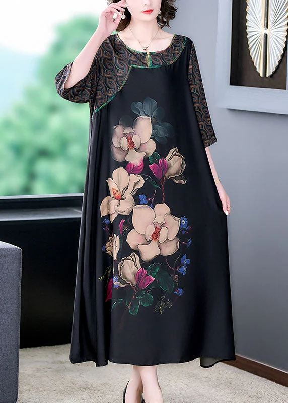 Natural Black O Neck Floral Print Patchwork Silk Long Dresses Summer Tunics Spring floral Natural Black O Neck Floral Print Patchwork Silk Long Dresses Summer Tunics Spring floral