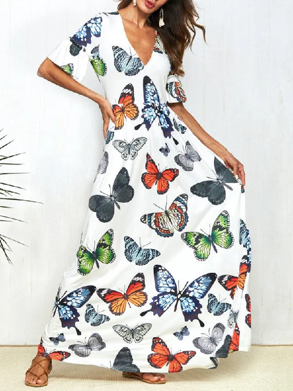 Print Butterfly Short Sleeve V-neck boho long Dress Tunics Gym athletic