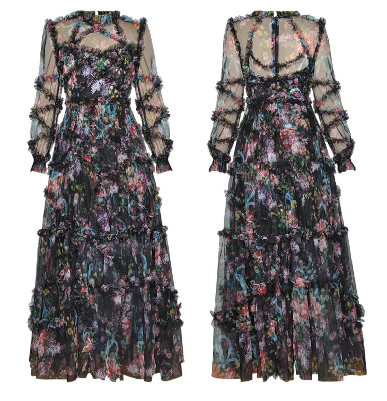 Printed Vintage mesh long Dress - WF115 empire Waist empire