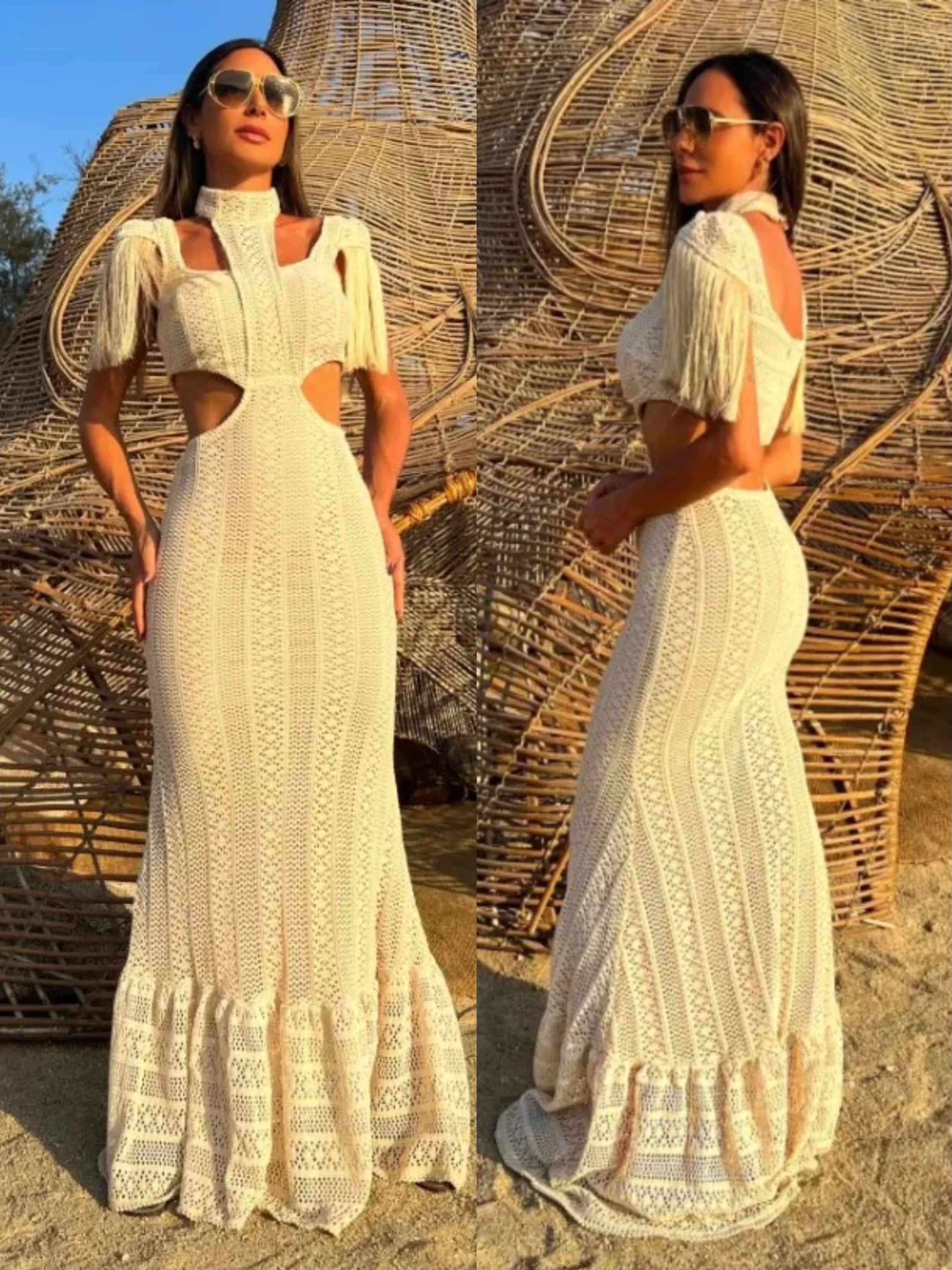 Sexy White Lace Women Dress Turtleneck Tassel Sleeve Slim Naked Waist Hollow Out Long Dress Summer Beach Female Knit Robe Tunics Trendy modern Sexy White Lace Women Dress Turtleneck Tassel Sleeve Slim Naked Waist Hollow Out Long Dress Summer Beach Female Knit Robe Tunics Trendy modern