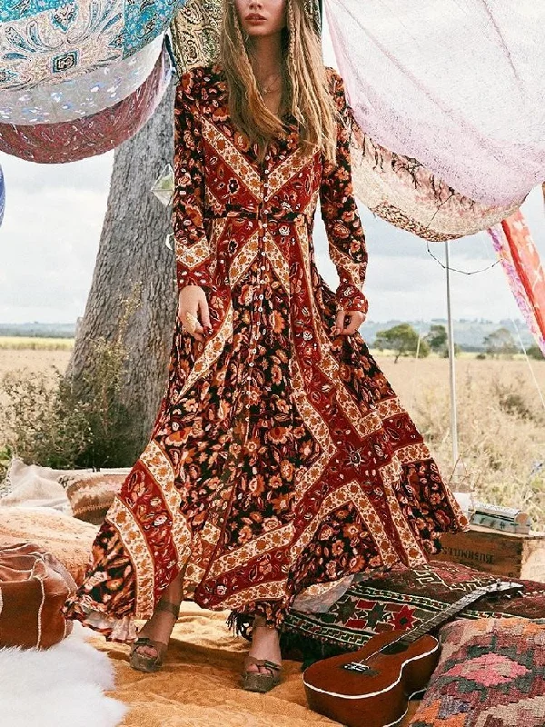 Summer Print Long Sleeve Bohemia Beach Maxi Long Dress Tunics Denim casual