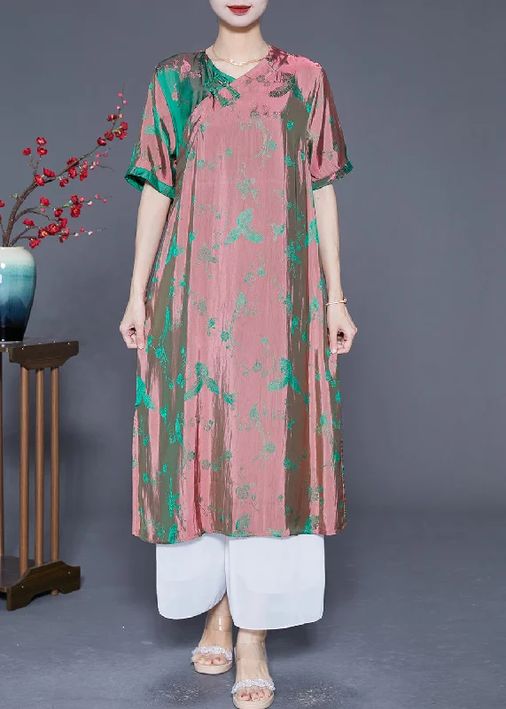 Unique Gradient Color Chinese Button Jacquard Silk Long Dress Summer Tunics Stylish modern Unique Gradient Color Chinese Button Jacquard Silk Long Dress Summer Tunics Stylish modern