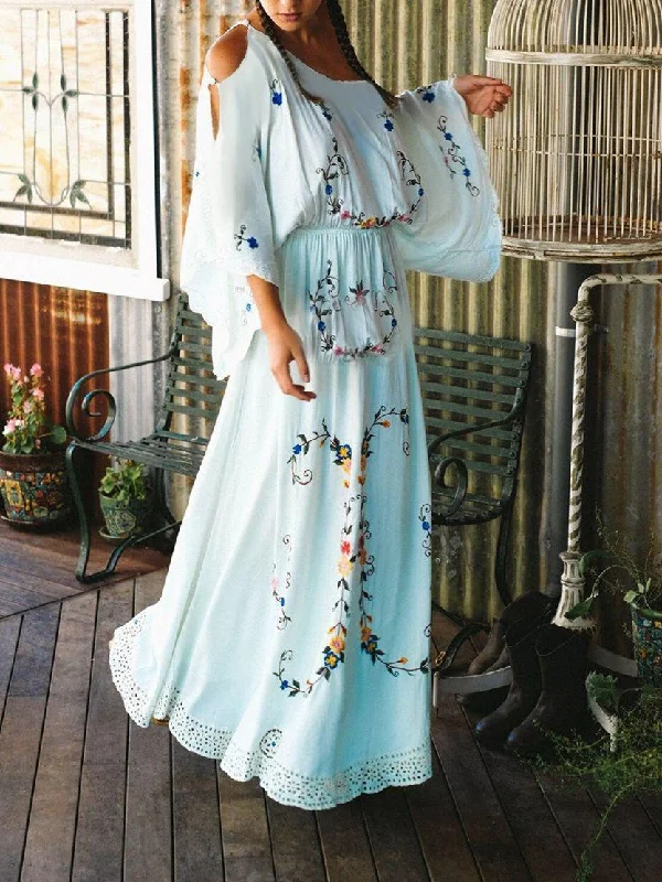 V-neck Color Embroidery Long Sleeve Bohemian Maxi Long Dress Tunics Occasion special V-neck Color Embroidery Long Sleeve Bohemian Maxi Long Dress Tunics Occasion special