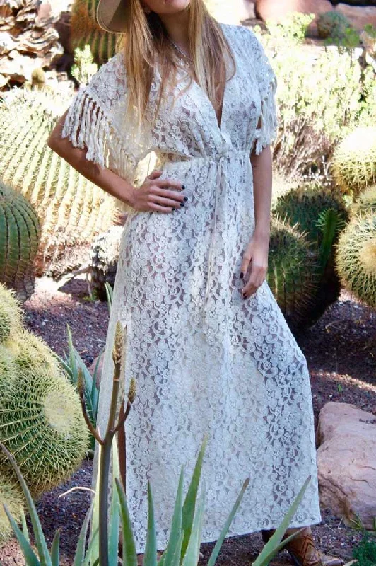 V-neck Lace Lace-up Tasseled Long Dress Tunics Versatile all-occasion