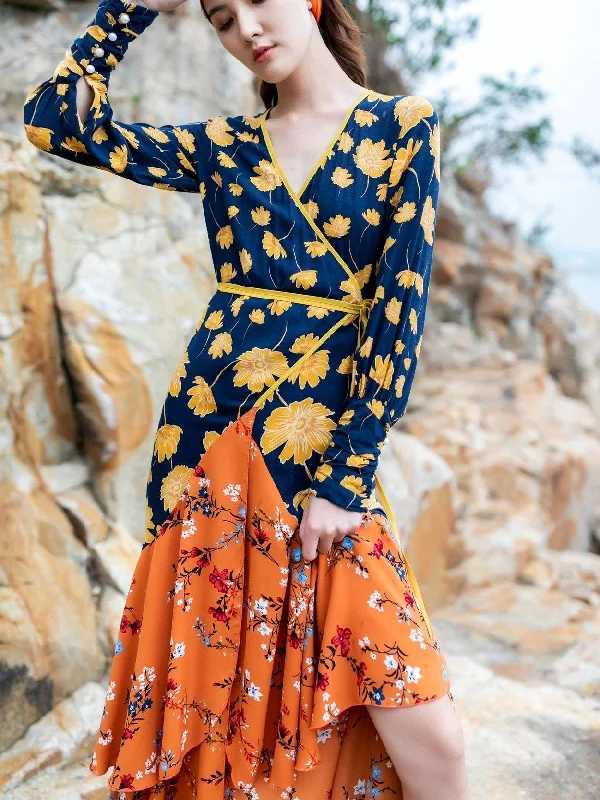 V-Neck Print Slim Fit Bohemian Long Dress Tunics Versatile all-occasion
