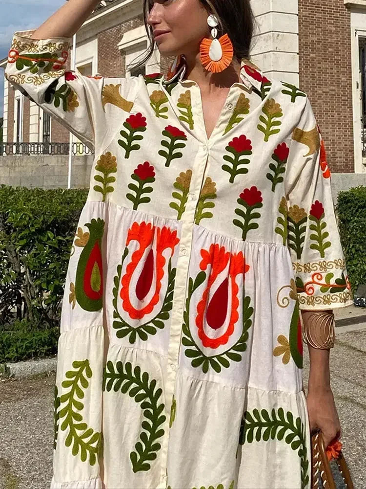 Vintage Flower Print Single Breasted Long Dress Women Elegant Lapel Half Sleeves Loose Hem Dresses 2024 Female Vocation Vestidos Tunics Seasonal trendy Vintage Flower Print Single Breasted Long Dress Women Elegant Lapel Half Sleeves Loose Hem Dresses 2024 Female Vocation Vestidos Tunics Seasonal trendy