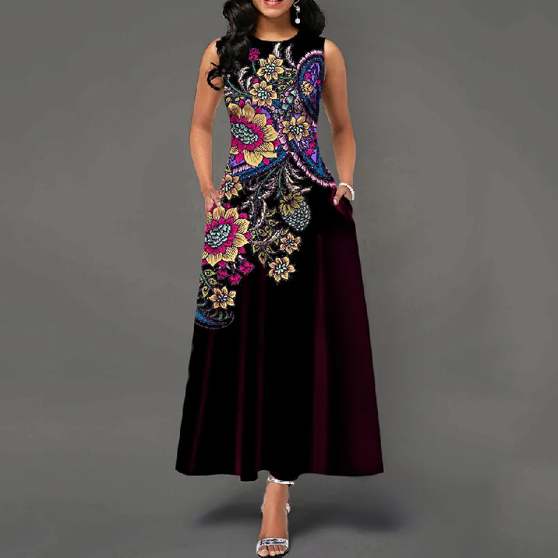 Vintage Red Floral Print A Line Sleeveless Round Neck Women Casual Retro Plus Size Office Lady 2023 Summer Maxi Long Dress Tunics Versatile stylish Vintage Red Floral Print A Line Sleeveless Round Neck Women Casual Retro Plus Size Office Lady 2023 Summer Maxi Long Dress Tunics Versatile stylish