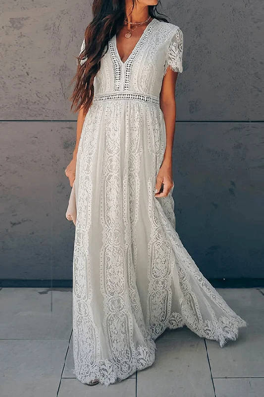 White Chic V-neck Lace Long Dress Tunics Plaid country