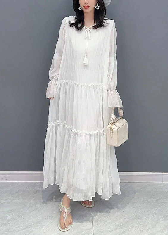 White Patchwork Chiffon Long Dress Ruffled Lace Up Summer Tunics Versatile functional White Patchwork Chiffon Long Dress Ruffled Lace Up Summer Tunics Versatile functional