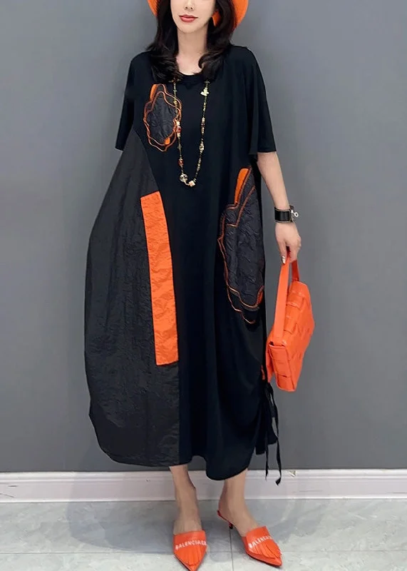 Women Black O-Neck Patchwork Drawstring Holiday Long Dress Short Sleeve Tunics Stylish elegant Women Black O-Neck Patchwork Drawstring Holiday Long Dress Short Sleeve Tunics Stylish elegant