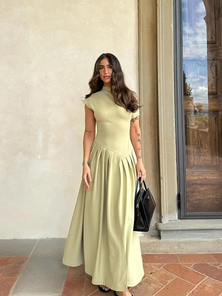 Women Elegant Green Pleated Dress Fashion O Neck Short Sleeve Patchwork Long Dresses 2024 New Casual Office Lady Streetwear Tunics Distressed trendy Women Elegant Green Pleated Dress Fashion O Neck Short Sleeve Patchwork Long Dresses 2024 New Casual Office Lady Streetwear Tunics Distressed trendy