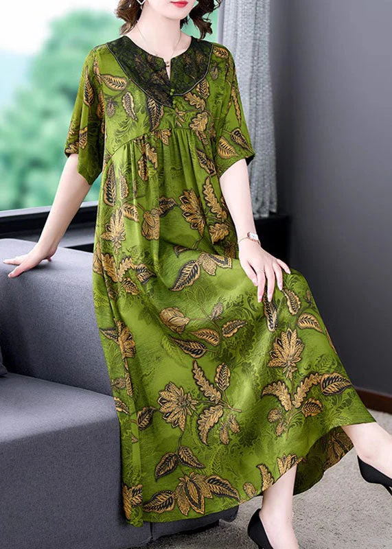 Women Green Print Wrinkled Patchwork Silk Long Dress Summer Turtleneck Warm Winter