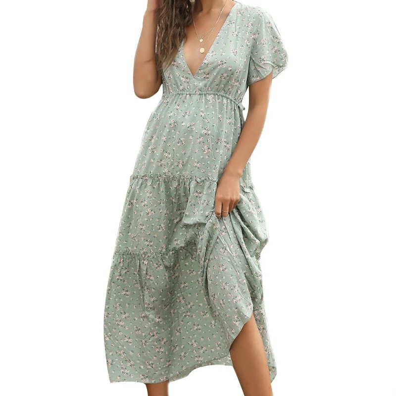 Womens Summer Short Sleeve Sexy Deep V-Neck Maxi Long Dress Bohemian Floral Print Ruffles Hem Side Split Tie Waist Beach Off-the-shoulder Chic Trendy Womens Summer Short Sleeve Sexy Deep V-Neck Maxi Long Dress Bohemian Floral Print Ruffles Hem Side Split Tie Waist Beach Off-the-shoulder Chic Trendy