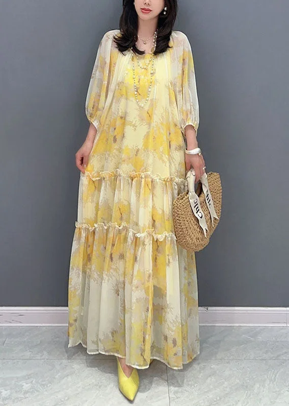 Yellow Print Patchwork Cotton Long Dresses Wrinkled Summer Tunics Gym athletic