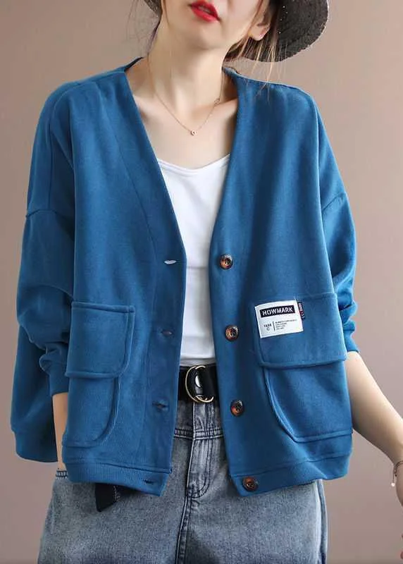 Art Blue V Neck Pockets Button Fall Long sleeve Coat Tailored Straight A-Line