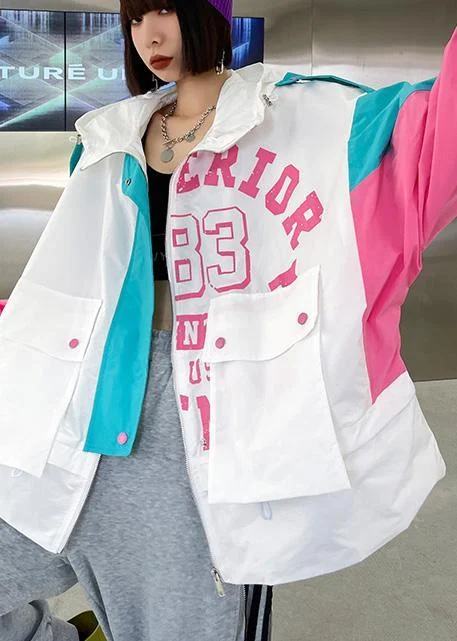 Art White Letter Patchwork Cotton Spring Hooded Coat Welt Pockets Slit Pockets Flap Pockets Art White Letter Patchwork Cotton Spring Hooded Coat Welt Pockets Slit Pockets Flap Pockets