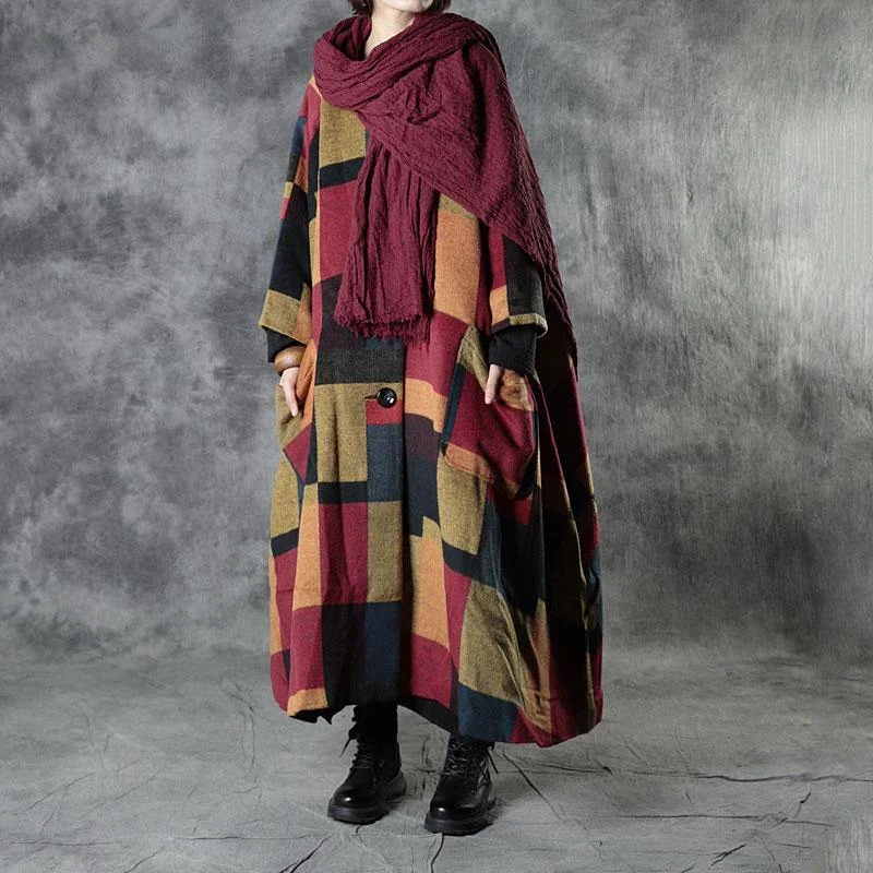 Boutique Yellow Plaid Pockets Button Fall Coat Long Sleeve Fitted Loose Oversized