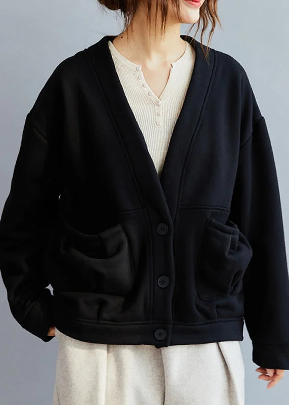 Chic Black V Neck Pockets Warm Fleece Coat Winter Turtleneck Jacket Crew Neck Jacket V-Neck Jacket