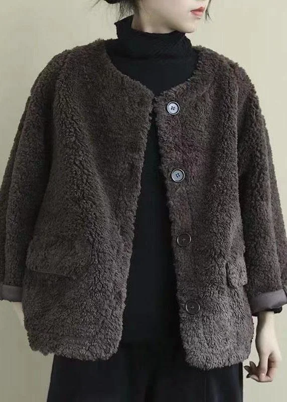 Coffee Loose Pockets Button Fall Long sleeve Coat Boat Shawl Notched