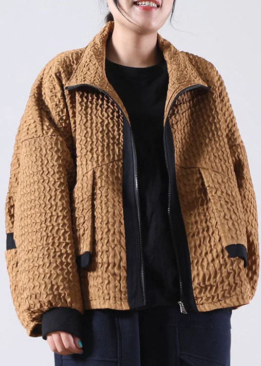 Coffee Patchwork Corduroy Zip Up Spring Coat Asymmetrical Collar Hooded Zippered