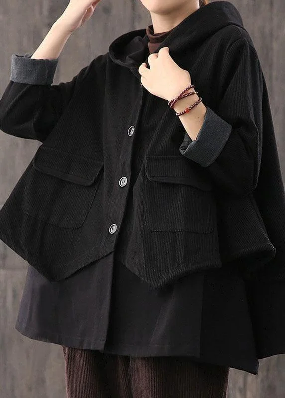 Handmade Black drawstring Patchwork Striped Casual Coat Fall Buttoned Toggled Snapped Handmade Black drawstring Patchwork Striped Casual Coat Fall Buttoned Toggled Snapped